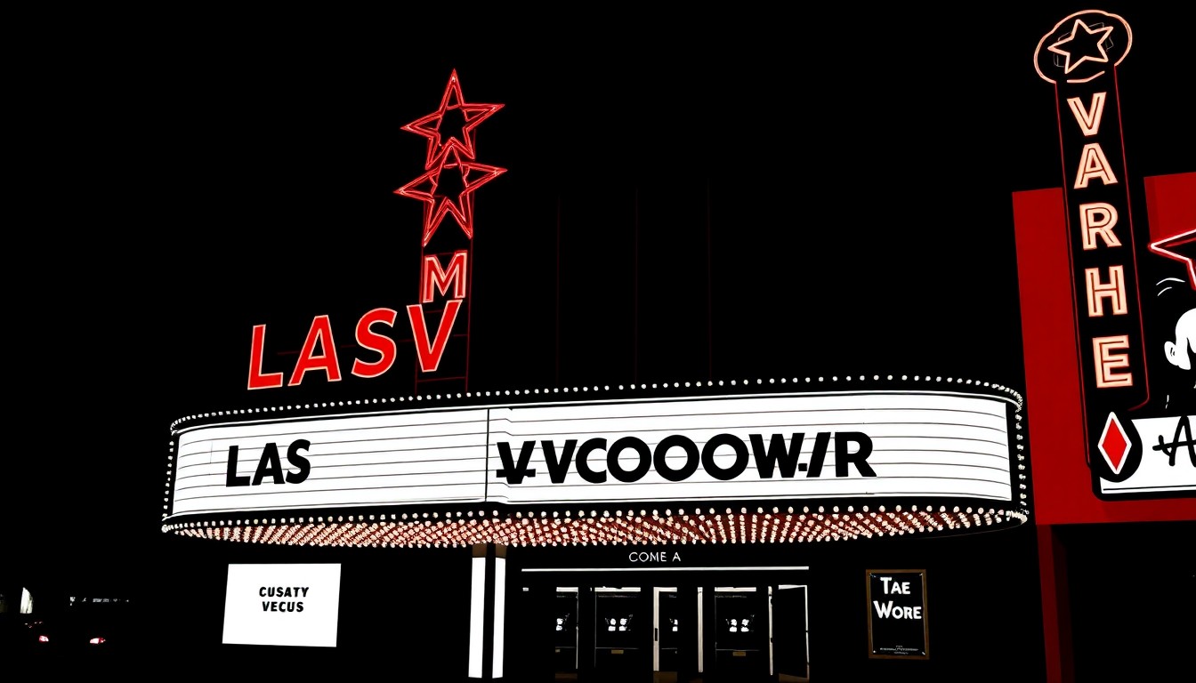 A striking, abstract illustration featuring a dramatic, geometric silhouette of a classic Las Vegas showroom marquee in bold black and red, capturing the timeless appeal of the city's entertainment venues.