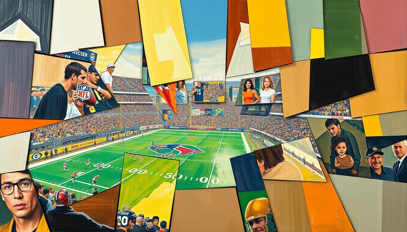 A cubist, geometric painting depicting fragmented, overlapping shapes and planes that represent a football game or NFL draft scene, conveying a sense of strategic complexity and unpredictability.