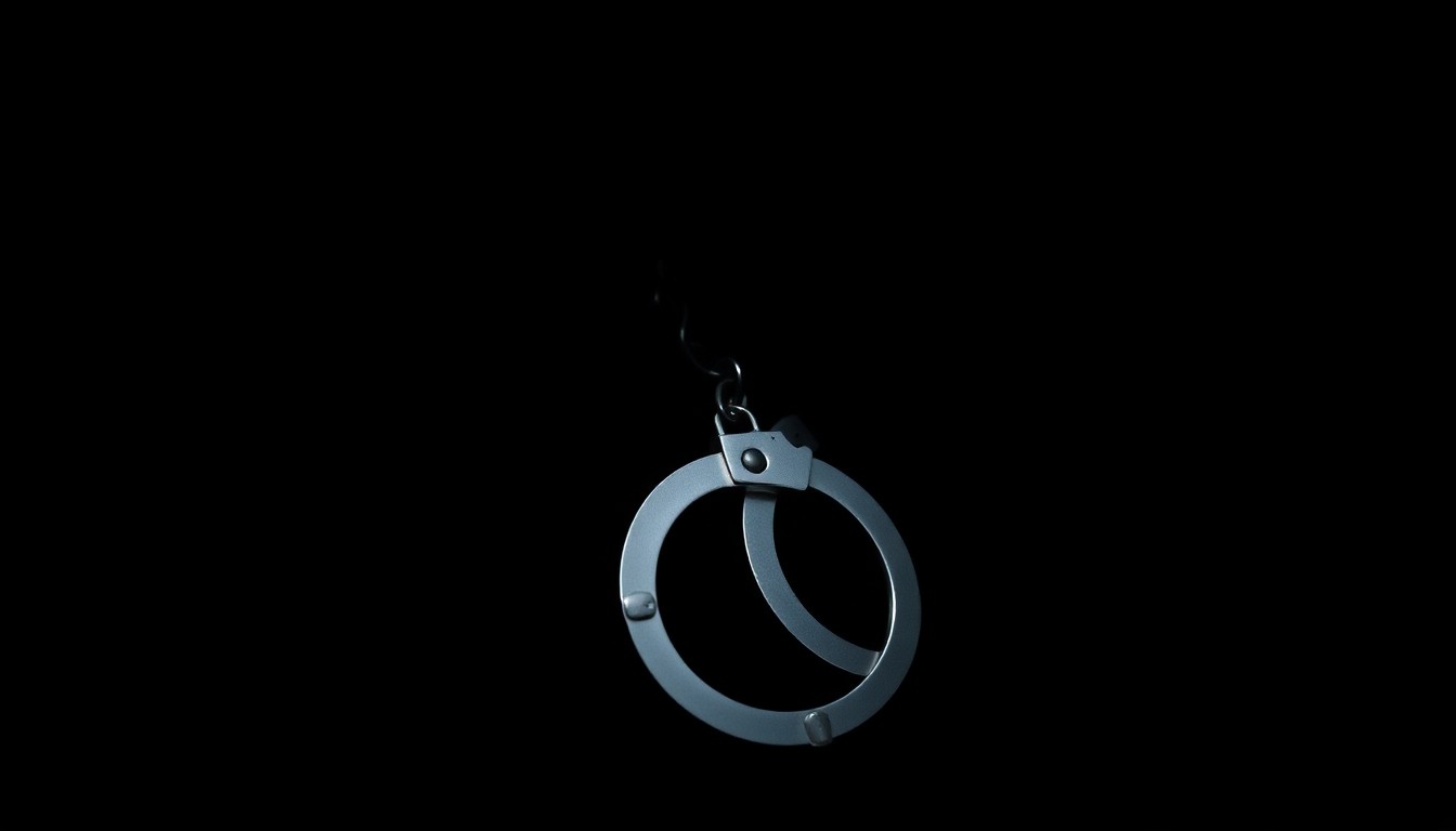 An extreme close-up photograph of a pair of metal handcuffs against a pitch-black background, lit by a harsh, direct camera flash to create a stark, gritty, investigative aesthetic.