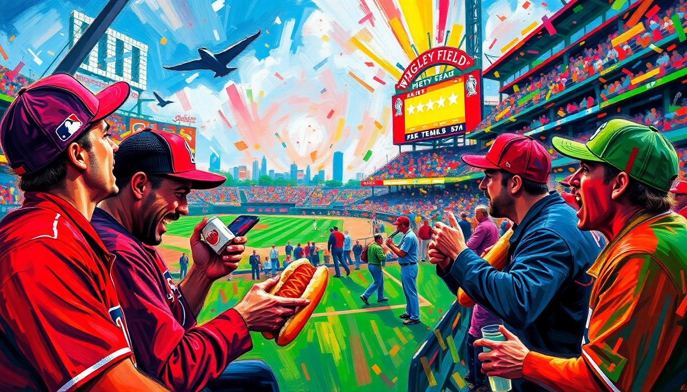 A dynamic, colorful painting featuring bold brushstrokes and neon hues that capture the excitement and energy of baseball fans enjoying rival team concessions at a ballpark.