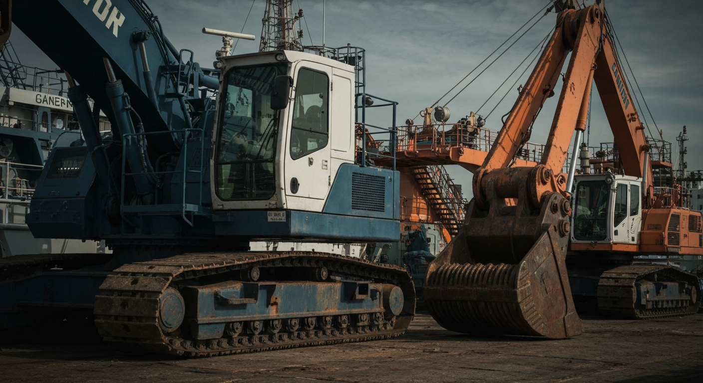 A highly detailed, macro-level view of industrial maritime equipment and machinery, conveying the tangible, physical nature of the shipping business without using any literal financial symbols or charts.