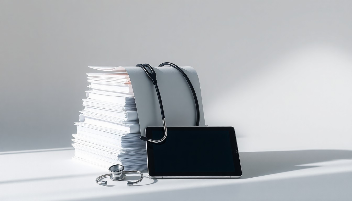 A photorealistic studio still life featuring a stack of medical files, a stethoscope, and a tablet computer arranged on a clean, monochromatic background, conveying the analytical nature of the healthcare industry.