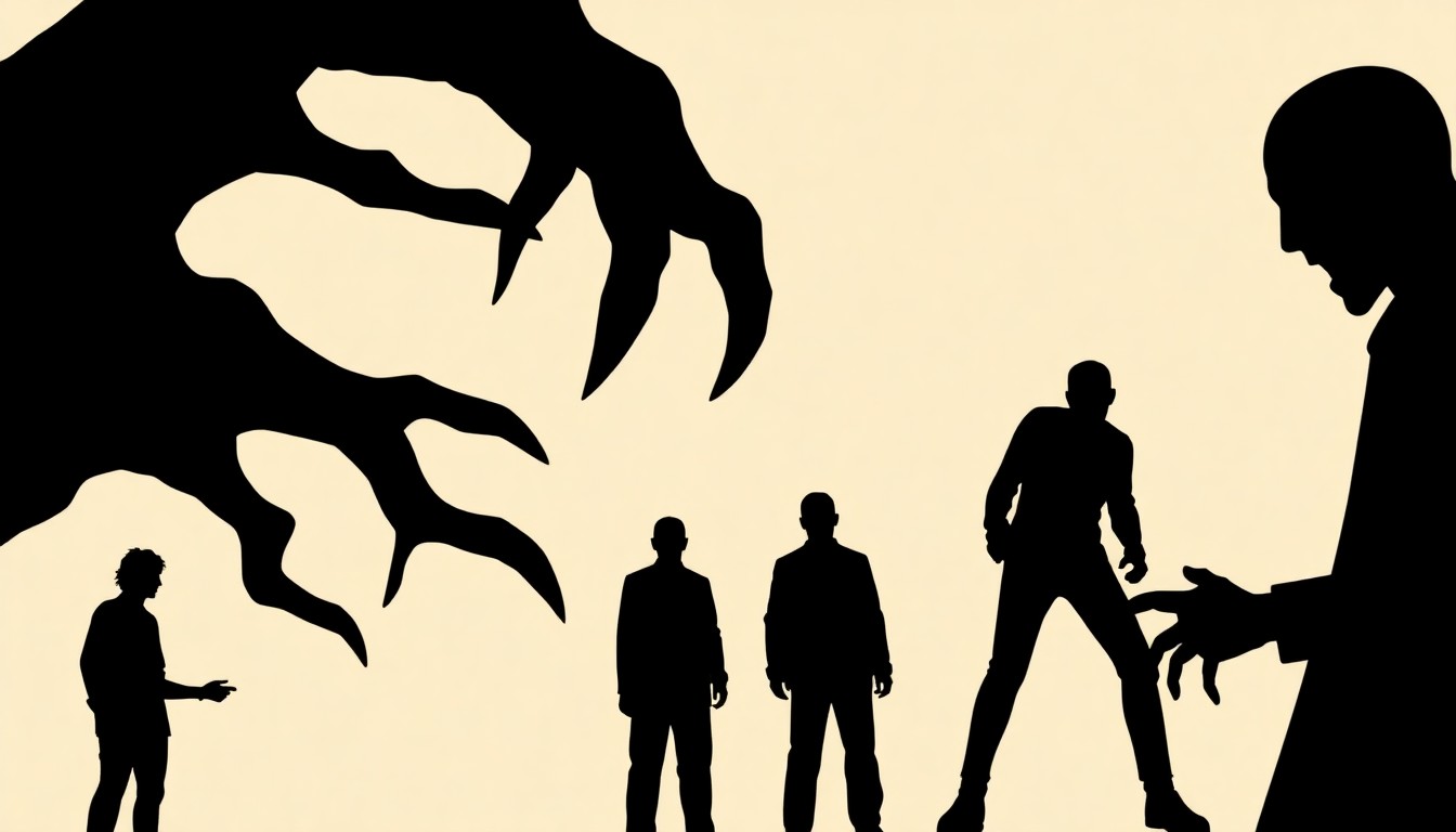 An abstract, minimalist illustration featuring stark black silhouettes and jagged geometric shapes, conceptually representing the unconventional and unsettling themes of independent horror and dark comedy films.