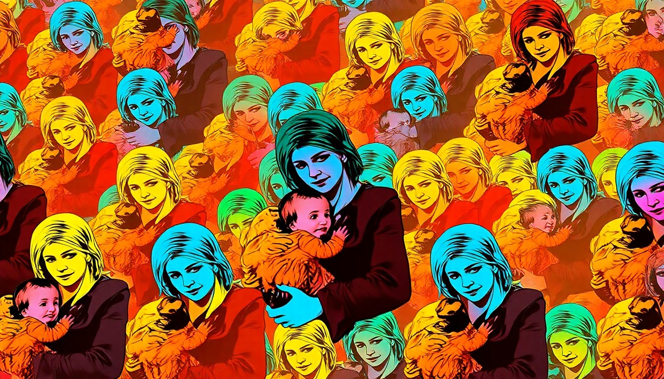 A vibrant, high-contrast silkscreen print of a Ukrainian woman holding a child, repeated in a grid pattern, conceptually representing the complex issues surrounding public art and the refugee experience.