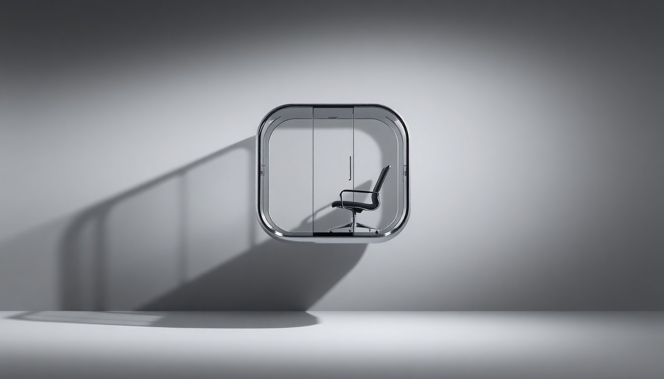 A photorealistic studio still life showing a sleek, transparent glass and metal pod floating on a plain background, representing WeWork's new compact workspace solution for mobile professionals.