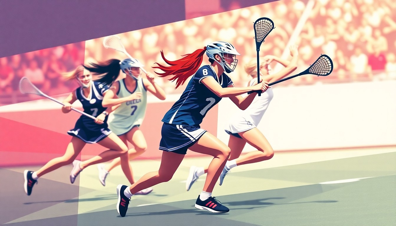A fragmented, cubist-style painting depicting the dynamic action and energy of a women's lacrosse game, with sharp geometric shapes and overlapping perspectives representing the players' skill and the sport's intensity.