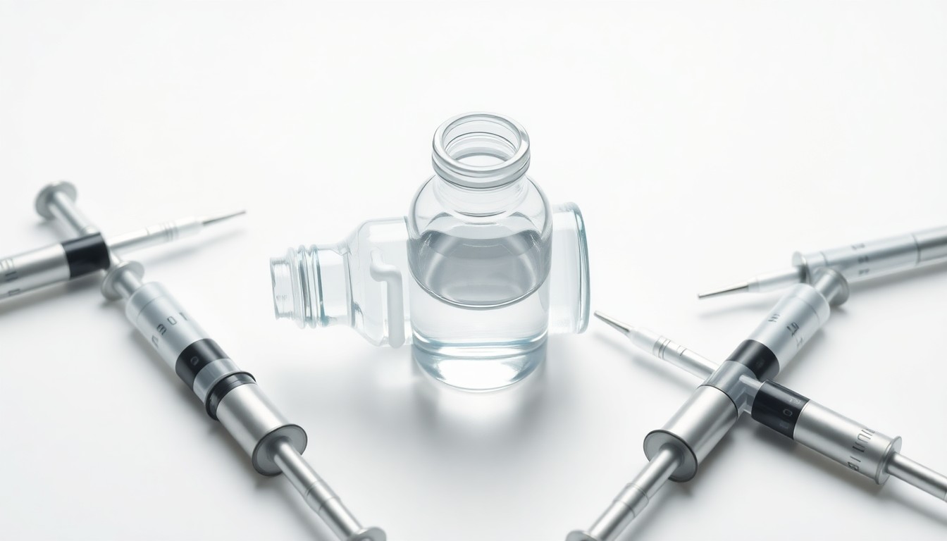 A high-end, photorealistic studio still-life photograph featuring a polished glass vial filled with a clear liquid, surrounded by several stainless steel syringes, conceptually representing the pharmaceutical nature of the denosumab drug.