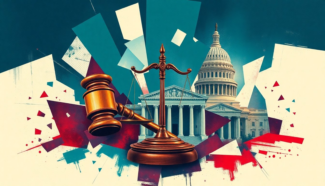 A dynamic, abstract painting featuring fragmented shapes and forms in shades of navy, teal, and crimson, conceptually representing the shifting balance of power between government institutions.