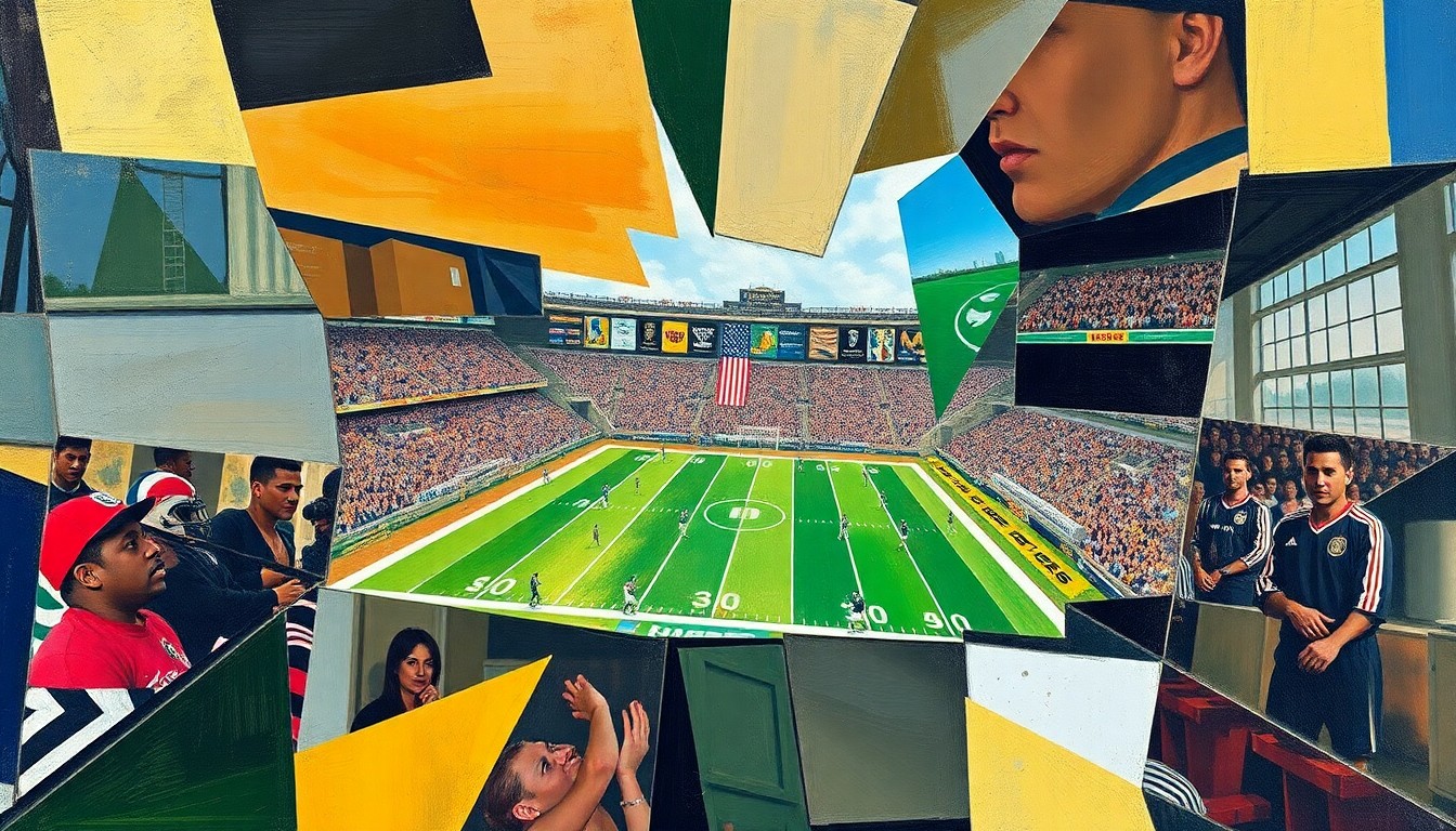 A cubist-style painting depicting a fragmented, multi-angled view of a football game, with players and the field broken down into sharp, geometric shapes and planes of color.