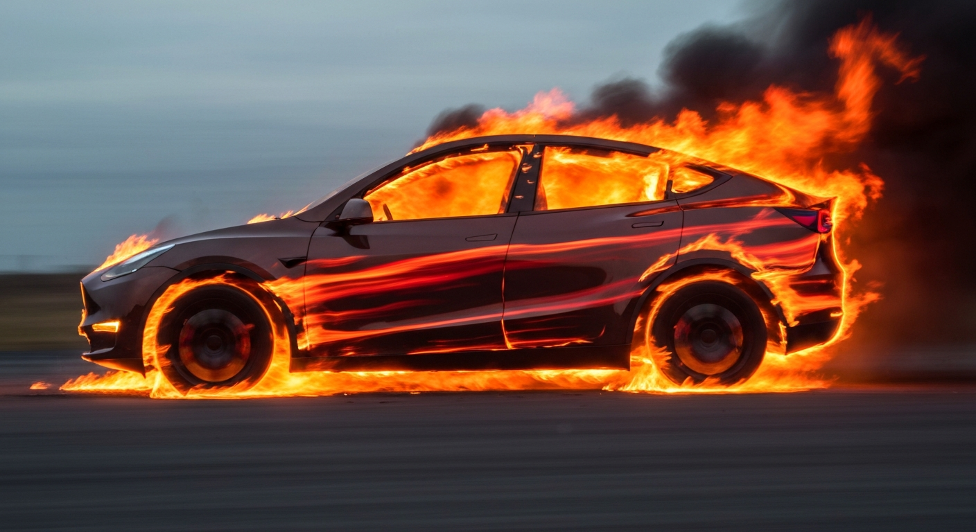 An abstract, blurred image of a burning Tesla vehicle, with streaks of orange, red, and black flames conveying the chaos and destruction of the crash.