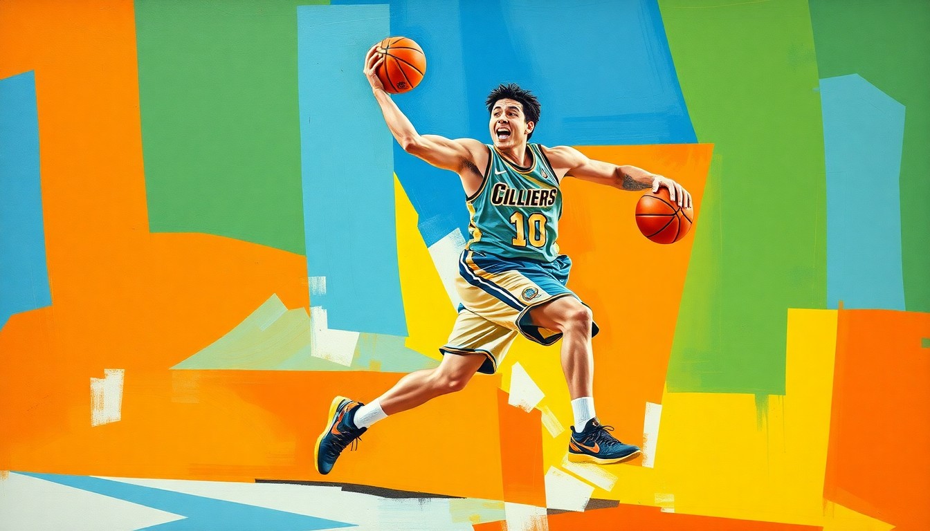 A fragmented, geometric painting depicting a basketball player in motion, with sharp planes of orange, blue, and green overlapping to create a dynamic, abstract composition.