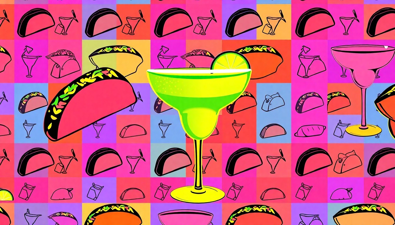 A high-contrast, silkscreen-style illustration of a Mexican food item such as a taco or margarita glass, repeated in a grid pattern with bold, neon colors and heavy black outlines, conceptually representing the lively new Pepe's Cantina restaurant in Port St. Lucie.