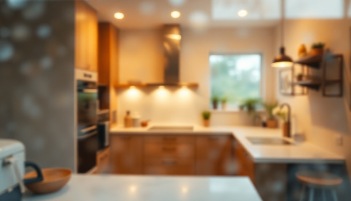 An abstract, impressionistic scene of a warm, softly lit kitchen interior, conveying a sense of domestic comfort and modern design.