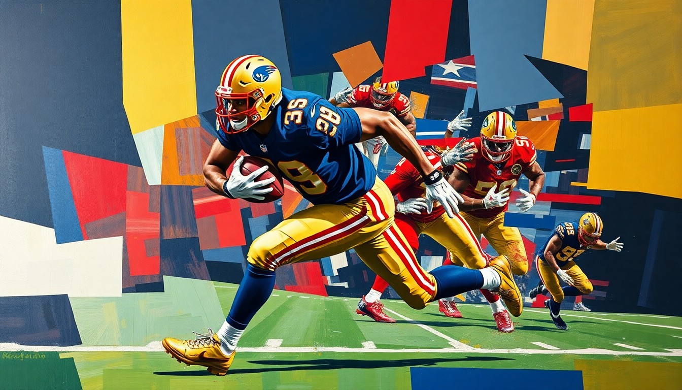 A fragmented, multi-angled painting depicting the explosive movements and power of a football player, broken down into sharp, overlapping geometric forms in a cubist style.