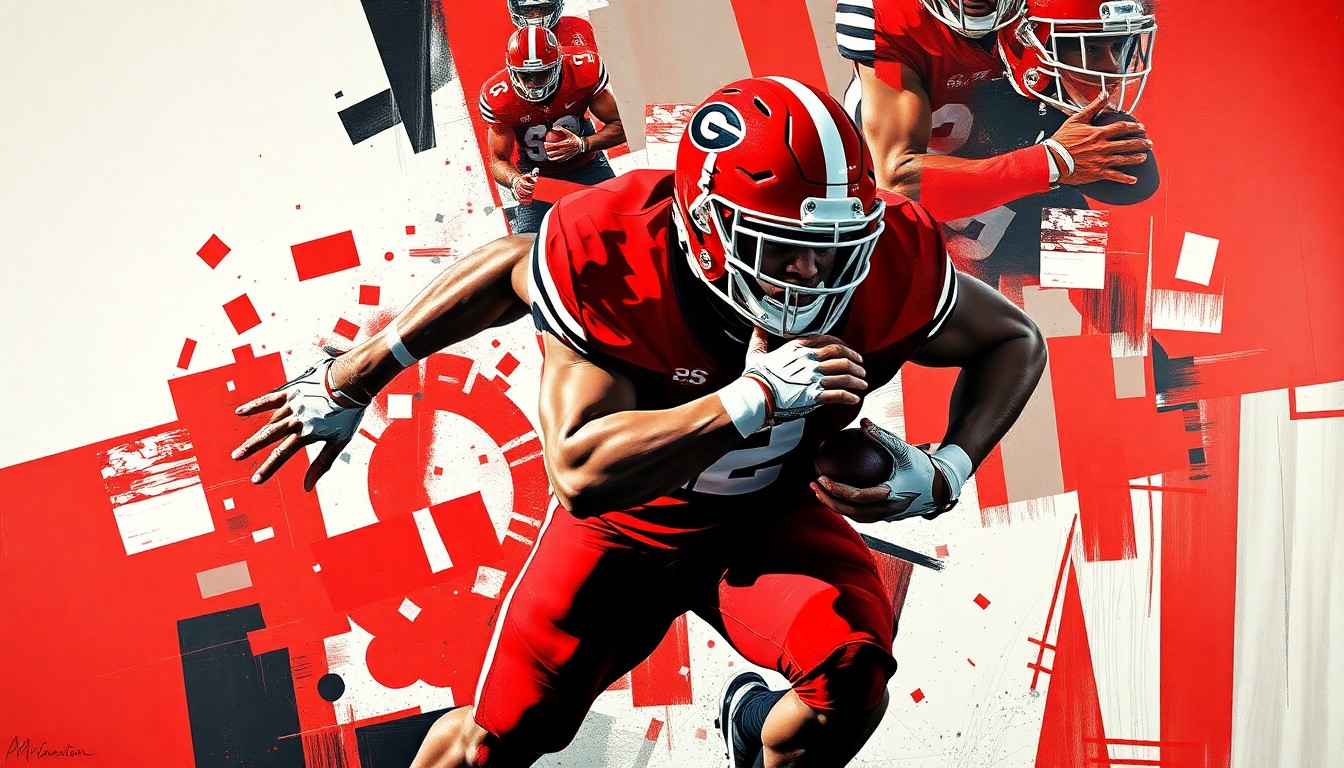 A cubist-style painting depicting a Georgia Bulldogs running back in action, with the player's form broken down into sharp, overlapping geometric shapes in a red, black, and white color palette, capturing the dynamic energy of the sport.