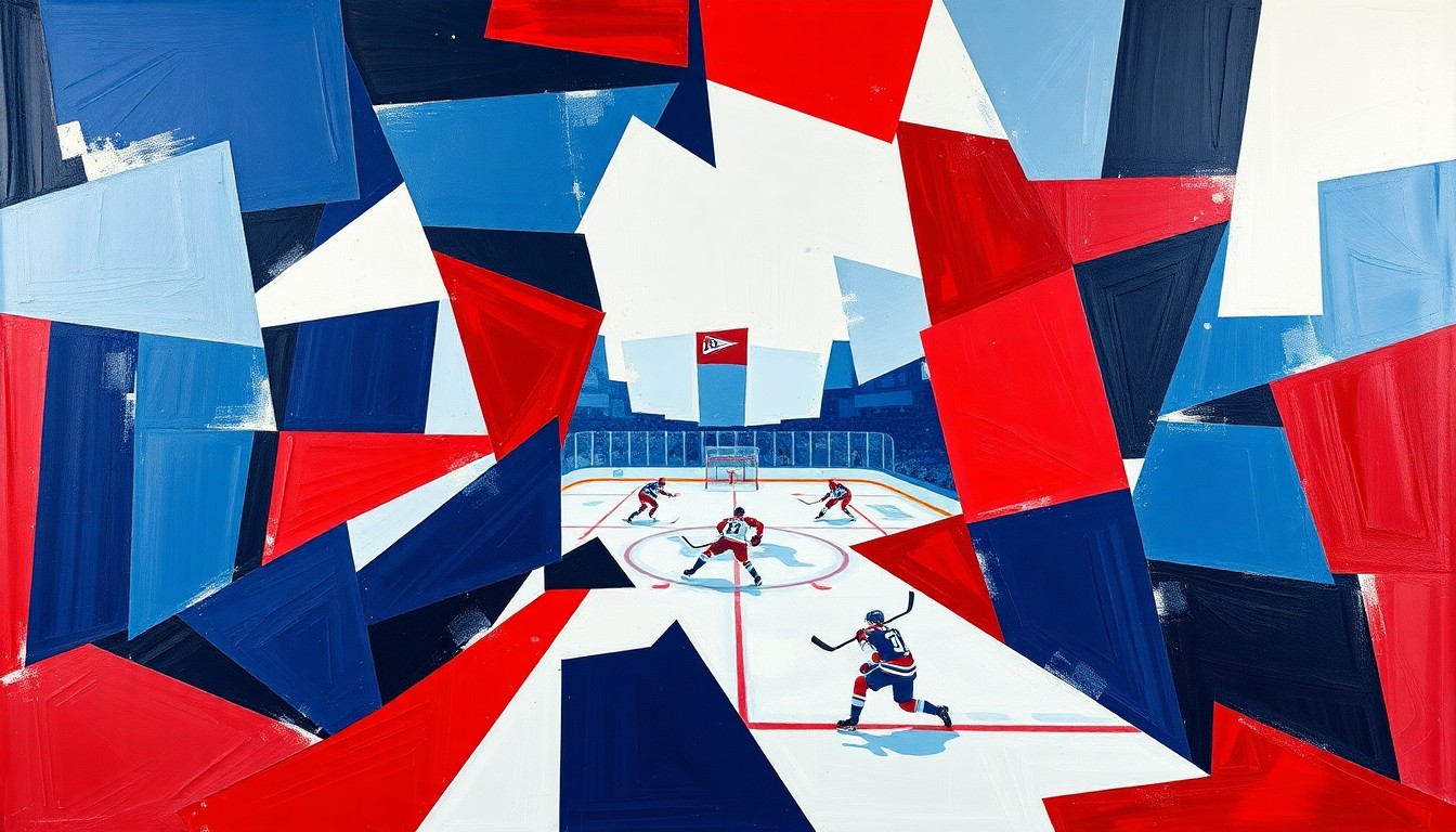 A fractured, geometric painting in blue, red, and white tones, capturing the chaotic energy of a hockey match through Picasso-esque abstraction.