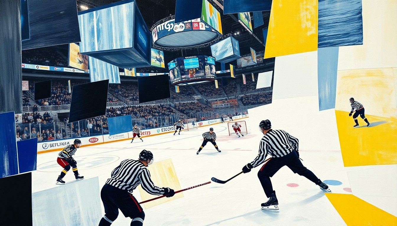 A fragmented, geometric painting depicting the final moments of the Blue Jackets-Bruins game, with players, the puck, and the referee's whistle all rendered in an abstract, cubist style.