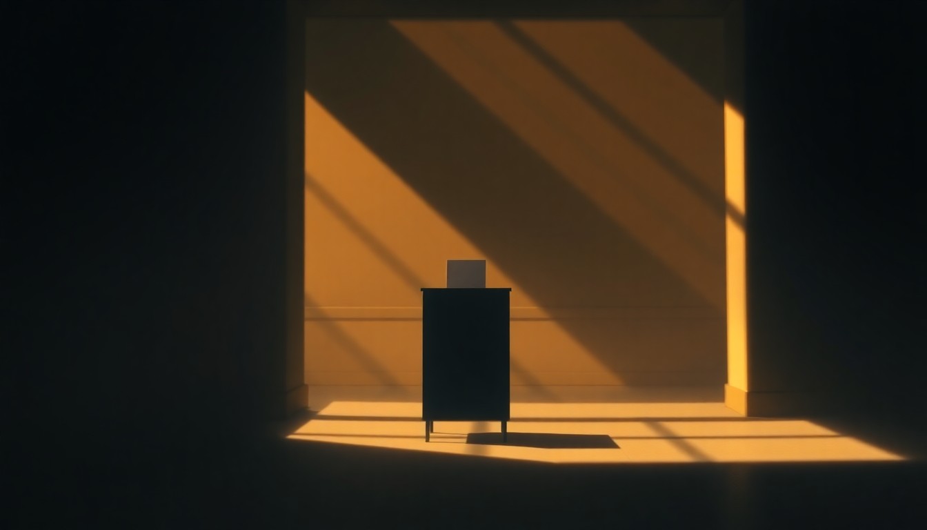 A dimly lit, cinematic painting of a solitary ballot box or voting machine in a government office, with warm sunlight and deep shadows creating a sense of unease and uncertainty.