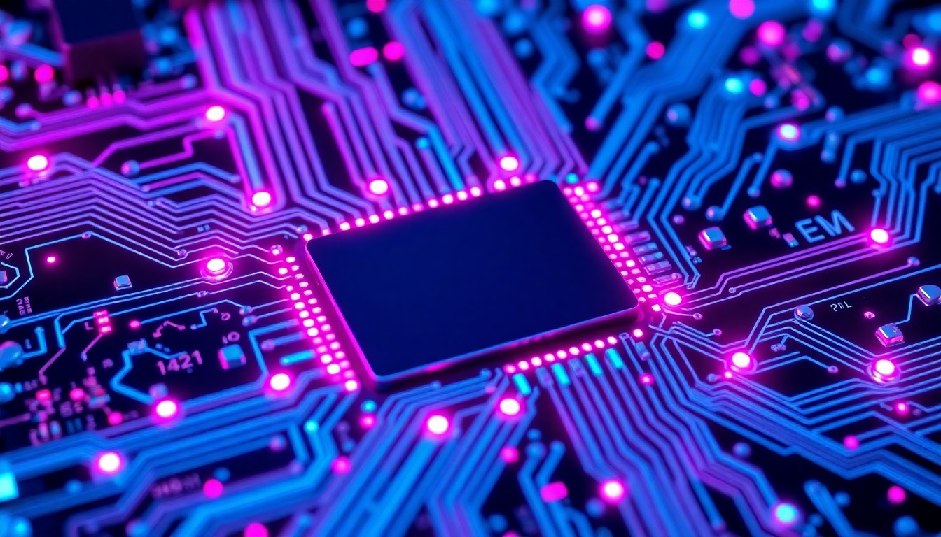 A highly detailed, glowing 3D macro illustration of a complex circuit board with pulsing neon blue and magenta lights, conceptually representing the digital infrastructure and AI systems that are transforming the modern workplace.