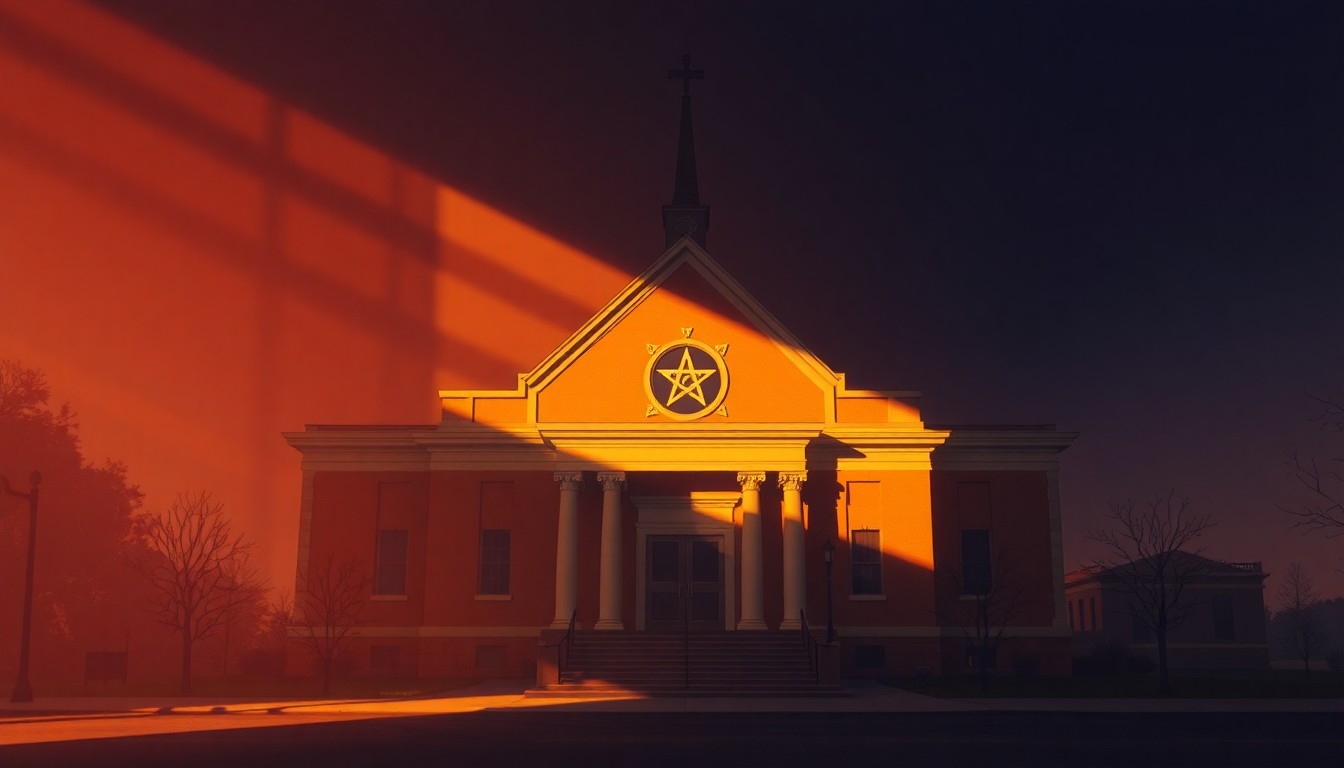 A serene, photorealistic painting of the exterior of Mason Temple, a historic church in Memphis, Tennessee, with the building bathed in warm, golden sunlight and deep shadows, conveying the solemn significance of this site where Martin Luther King Jr. gave his final speech.