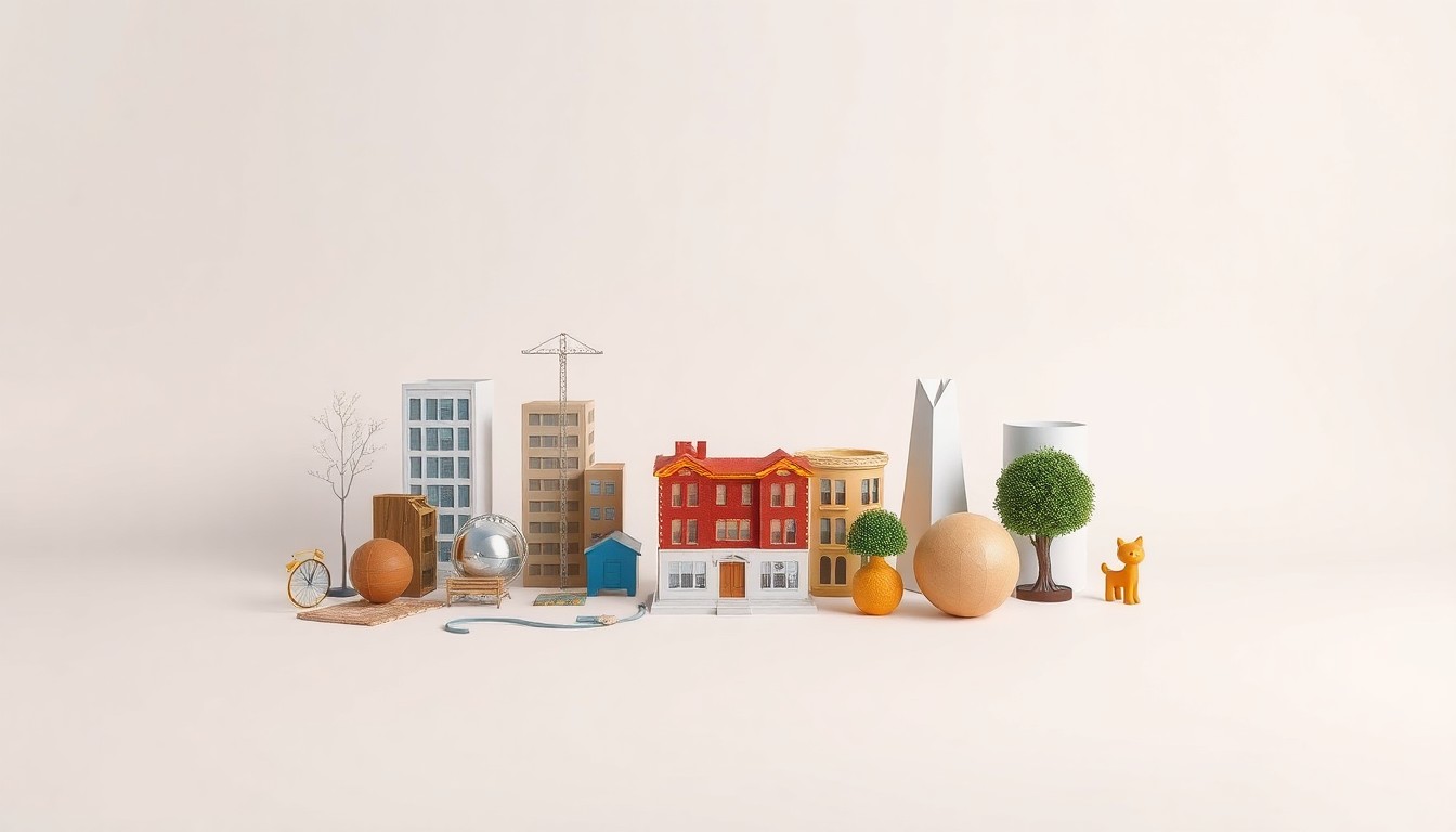 A minimalist studio photograph featuring a carefully arranged composition of premium, polished objects on a clean, monochromatic background, conceptually representing themes of urban planning, neighborhood development, and community partnerships.