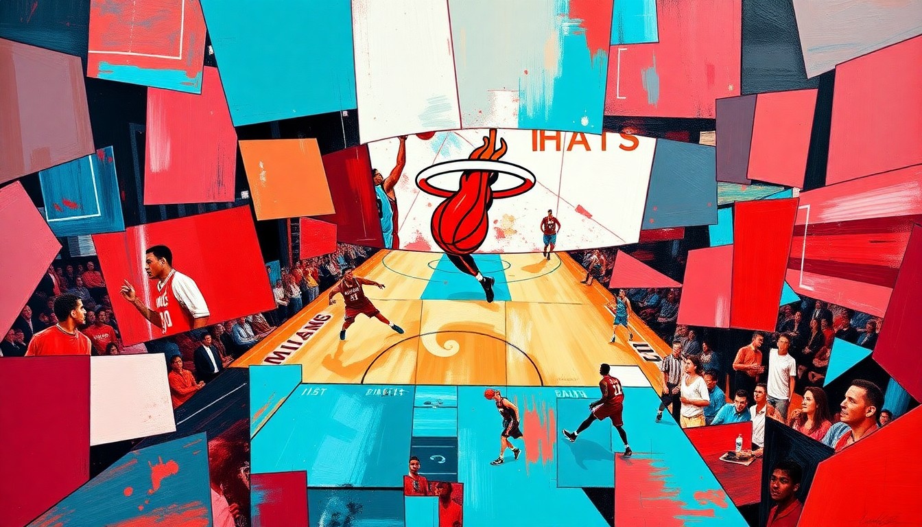 A cubist, geometric painting depicting a basketball game or match, with overlapping planes of red, blue, and teal representing the Miami Heat and Charlotte Hornets players and movements on the court.