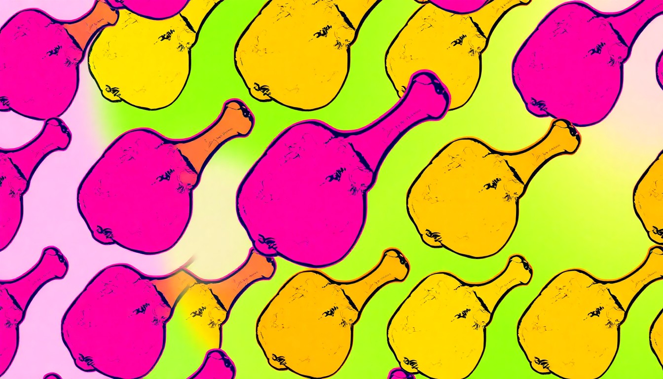 A high-contrast, silkscreen-style illustration of a single fried chicken drumstick repeated in a grid pattern, using a vibrant neon color palette to transform the everyday comfort food into a bold, pop art-inspired image.