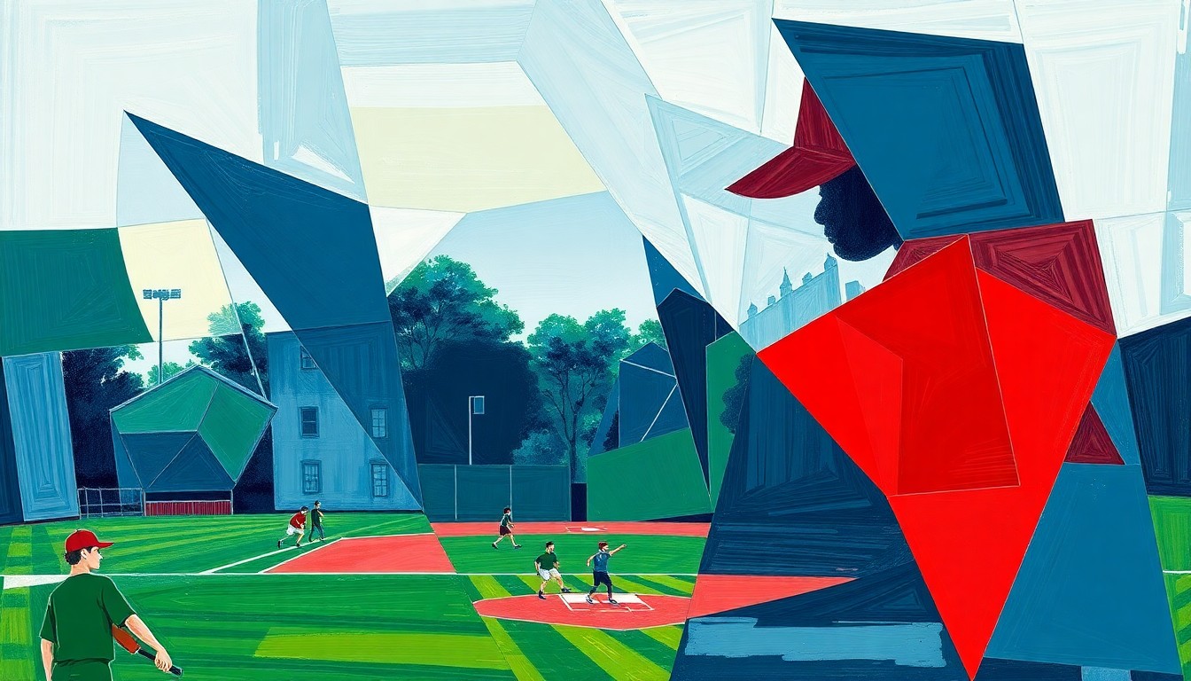 A fragmented, geometric painting depicting a high school softball game, with sharp planes of navy, green, and red representing the dynamic movements and competitive spirit of the players.