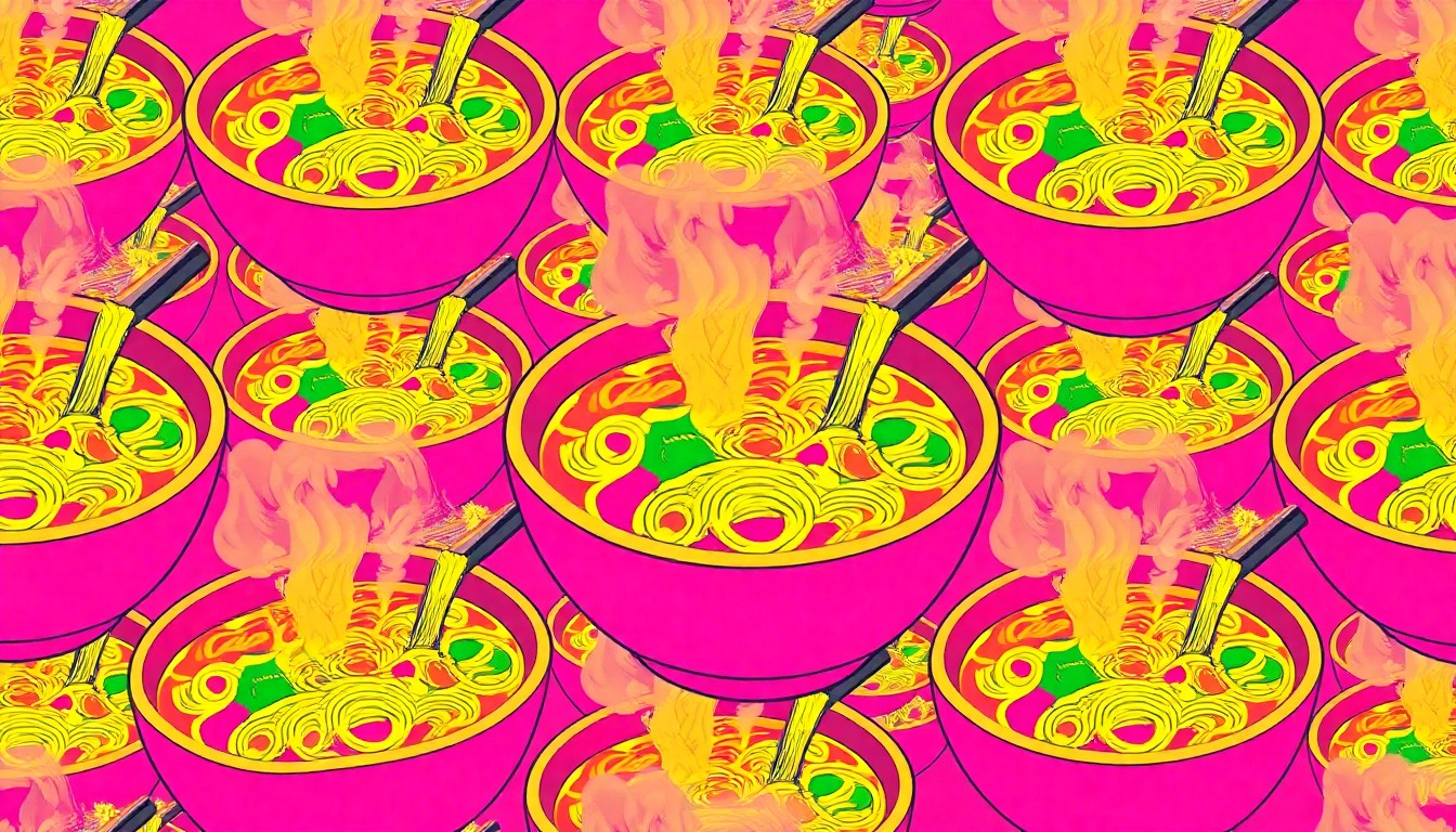 A highly stylized, abstract illustration of a steaming bowl of ramen noodles repeated in a vibrant, pop art-inspired grid, capturing the diverse and creative spirit of the new Momotaro Ramen restaurant.