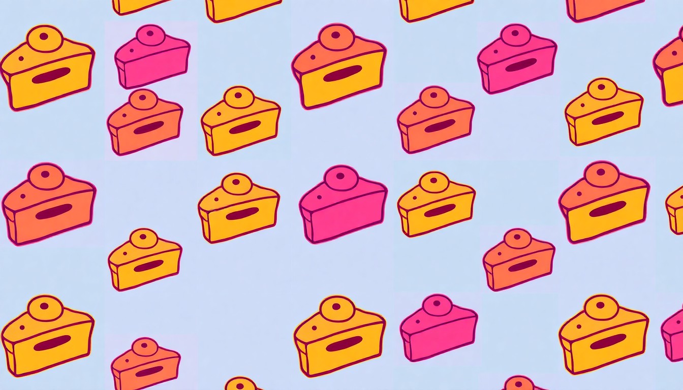 A highly stylized, pop art-inspired illustration featuring a repeated pattern of a single, iconic pastry item in a grid of bright, neon colors and bold black outlines, conceptually representing the excitement and community pride surrounding Pensacola's pastry bracket competition.