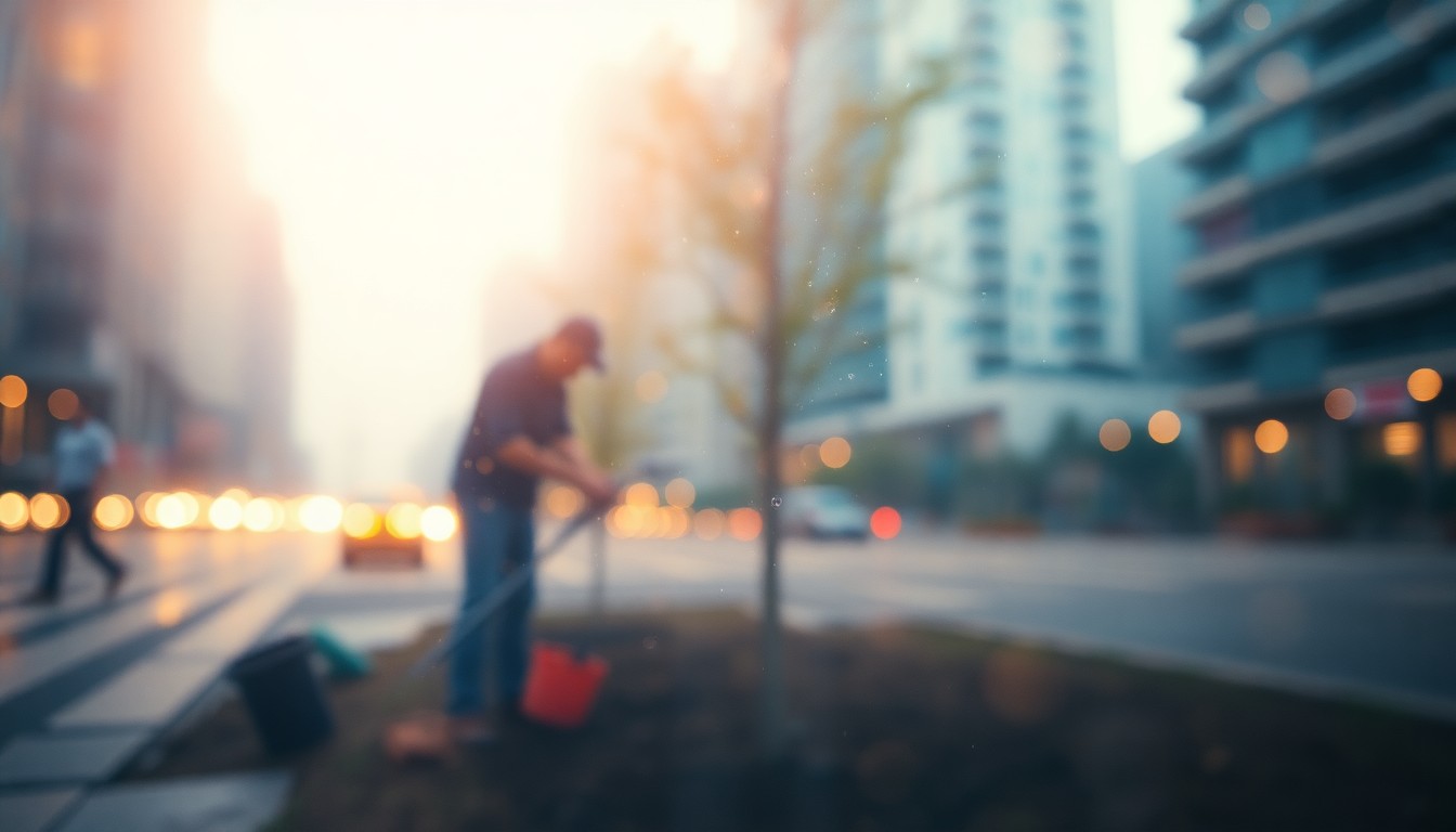 An abstract, impressionistic scene of soft, blurred light and color, evoking the tranquil and restorative act of planting trees in a city neighborhood.