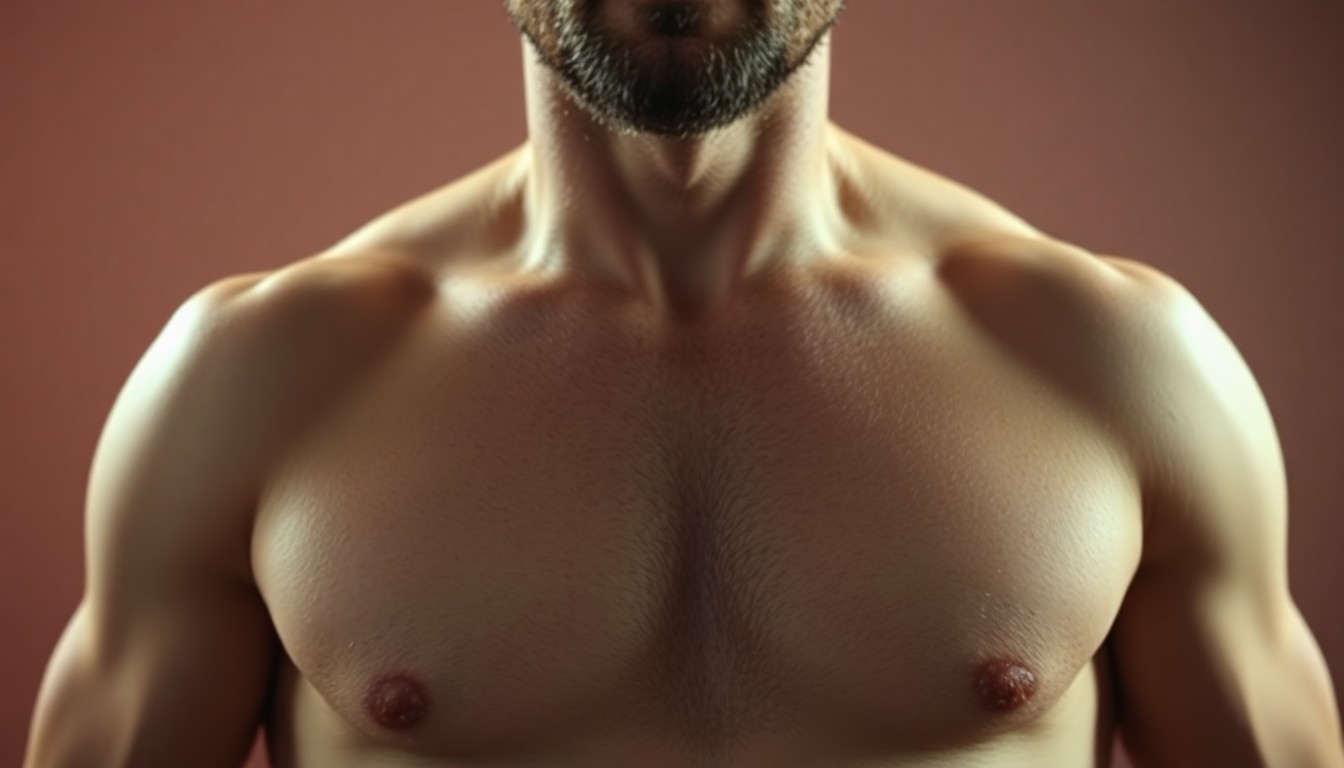 An extreme close-up photograph of a bare human torso, with the skin texture and lighting captured in a high-contrast, glamorous studio setting, conceptually representing the comedian Bert Kreischer's shirtless comedy performances.