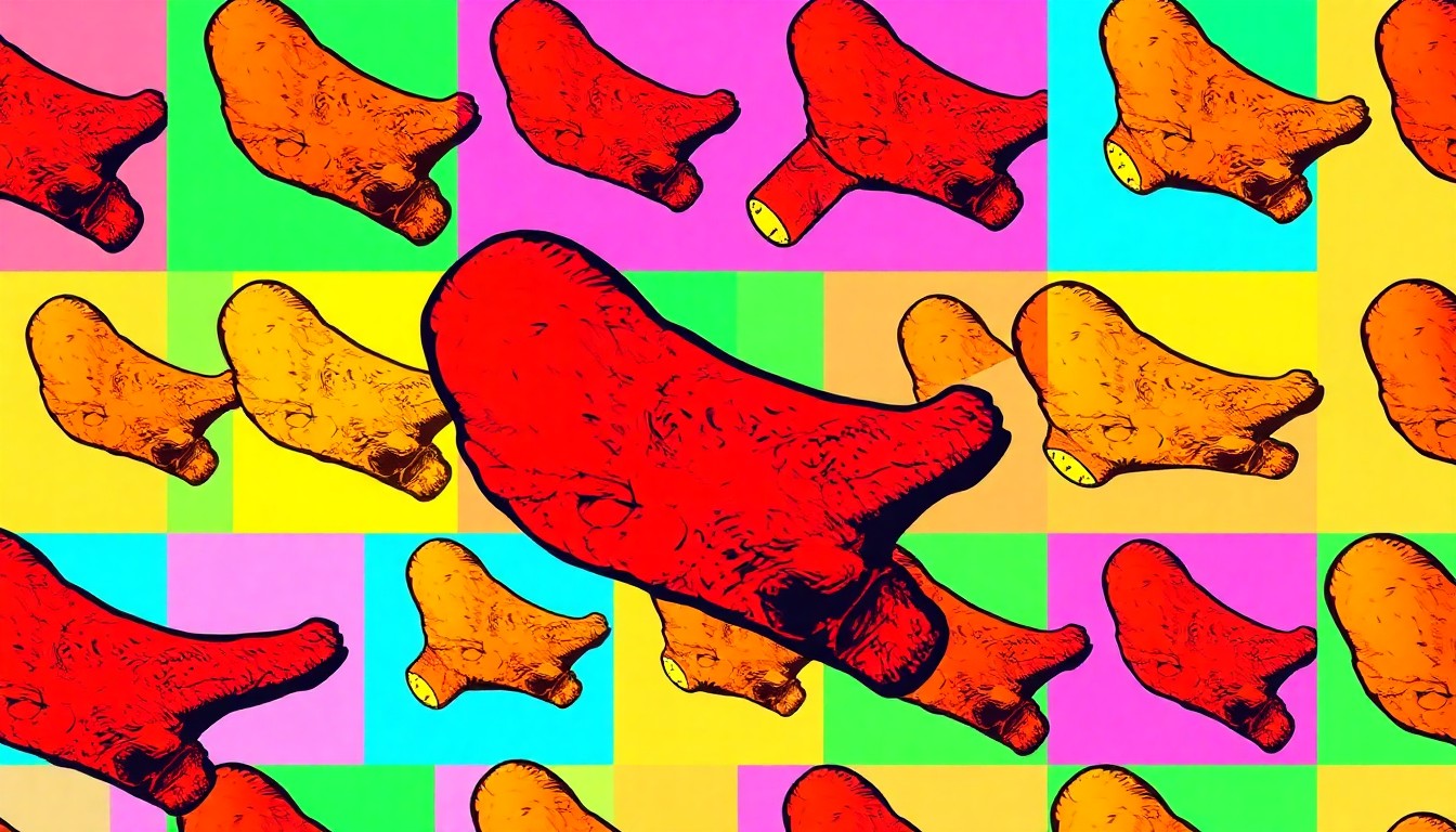 A vibrant, abstract silkscreen print featuring a repeated pattern of a single fried chicken drumstick in bold, neon colors, conceptually representing the excitement and community spirit of a local chicken restaurant competition.