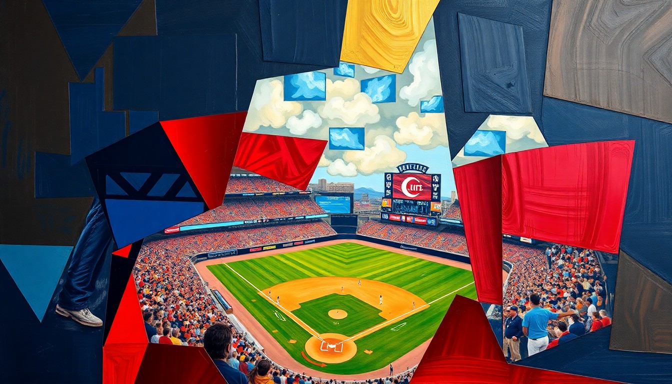 A cubist-style painting featuring fragmented, geometric shapes in navy, red, and gold, conceptually representing the energy and excitement of a minor league baseball game.