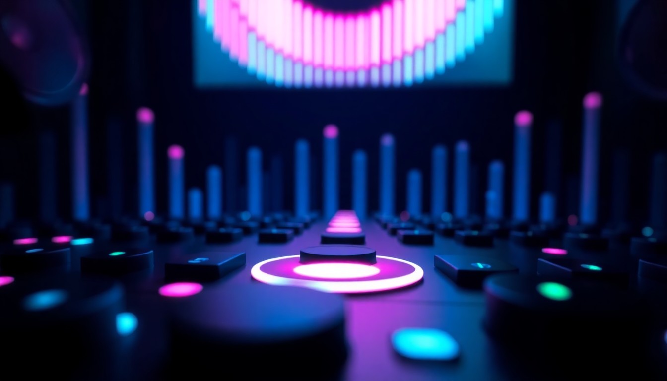 A highly detailed, glowing 3D illustration of a Spotify audio visualizer, with pulsing neon cyan and magenta lights, representing the platform's new video control features.