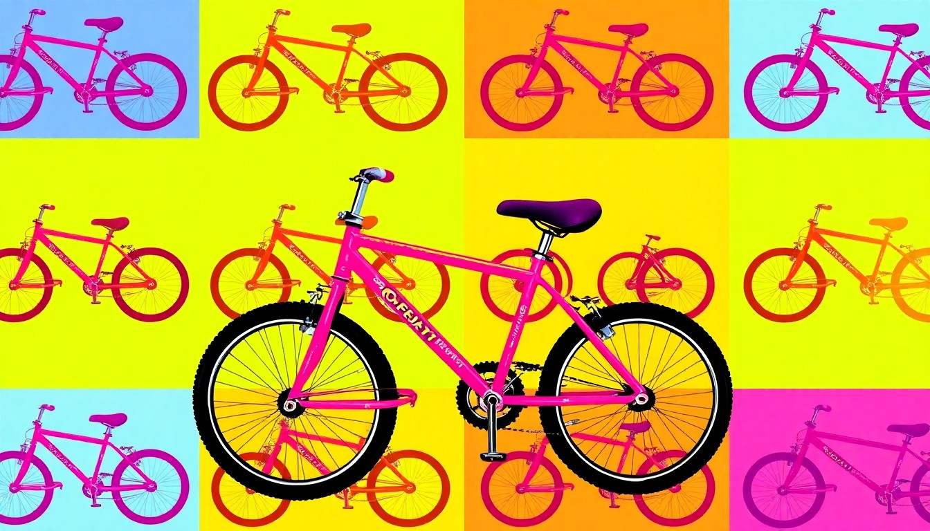A vibrant, high-contrast silkscreen print of a child's bicycle repeated in a grid pattern, representing the safety concerns for local families due to the lack of pedestrian infrastructure.