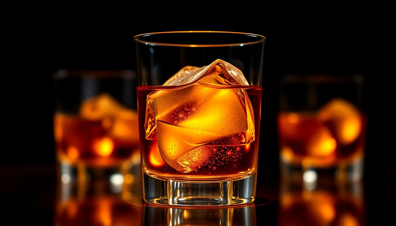 An extreme close-up photograph of a luxurious, glittering glass tumbler filled with amber-colored bourbon, capturing the sophisticated, high-end aesthetic of a celebrity-endorsed liquor brand.