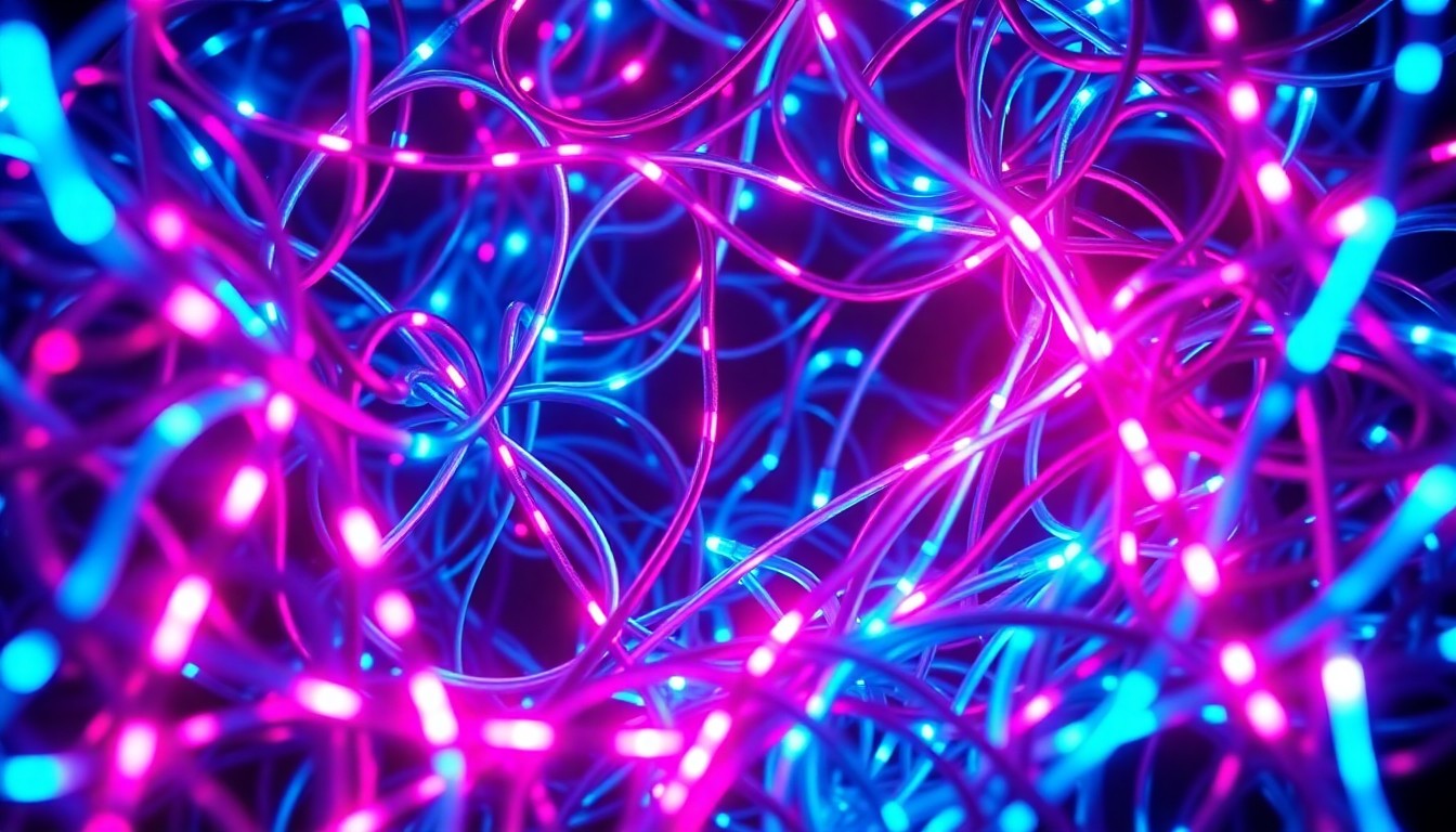 A highly detailed, 3D macro illustration of a tangled network of neon-lit financial data cables and circuits, representing the complex financial records and allegations surrounding the Ashes of Creation project.