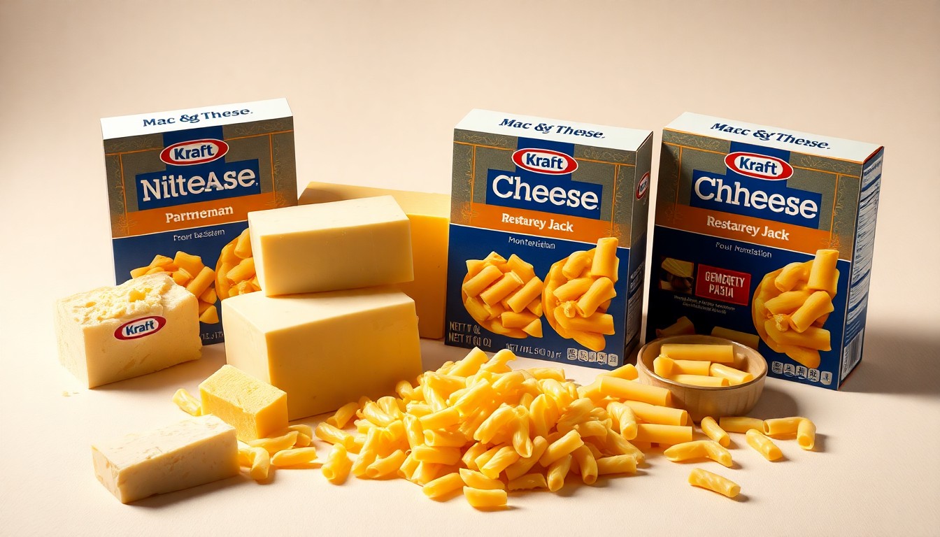 A high-end, photorealistic studio still-life photograph featuring blocks of Parmesan, Pecorino Romano, and Monterey Jack cheeses alongside various pasta shapes like Gemelli, Pipette, and Cavatappi, elegantly arranged on a clean, monochromatic background with dramatic studio lighting, conceptually representing the elevated flavors of Kraft's new Restaurant Edition mac and cheese products.