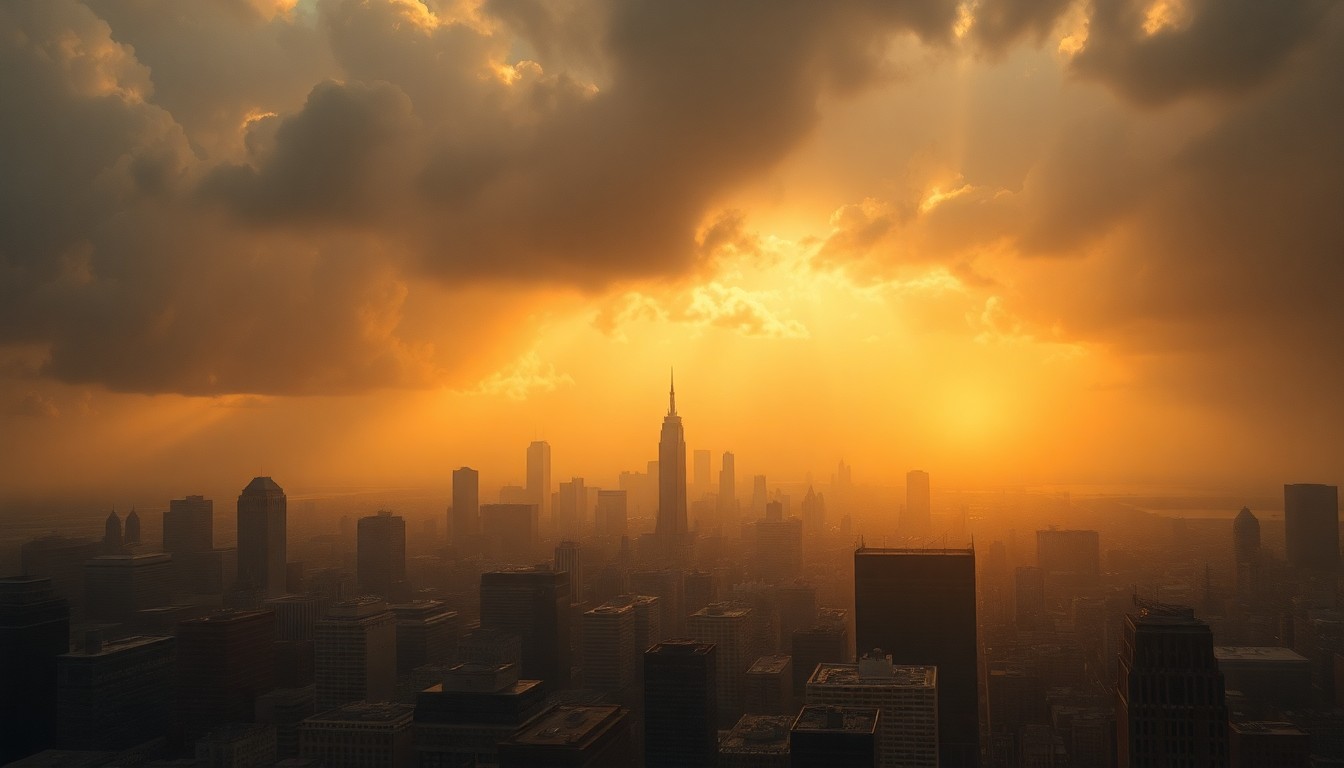 A vast, majestic landscape painting depicting Boston's skyline shrouded in a warm, hazy glow, with the city's buildings and landmarks dwarfed by the dramatic, atmospheric sky.