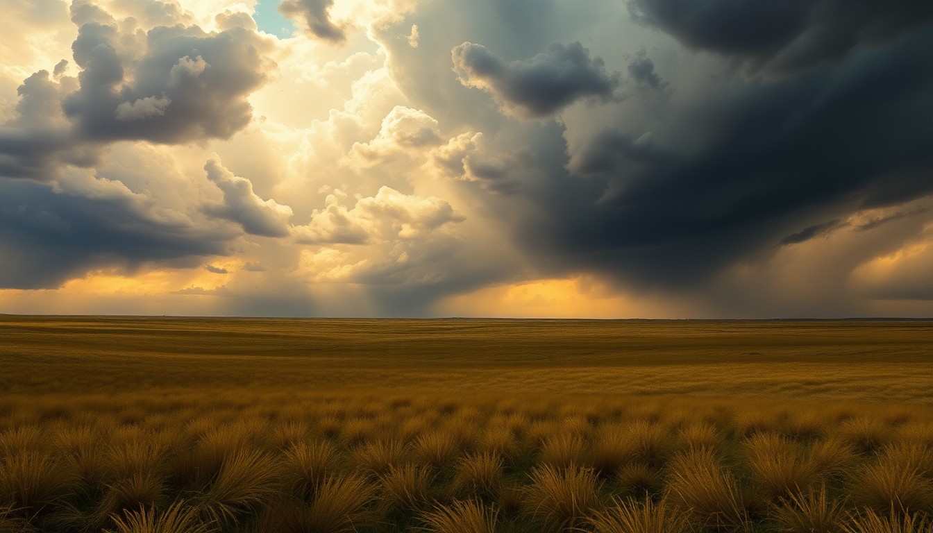 A vast, atmospheric landscape painting in muted tones of gray, green, and blue, with a distant, faint tornado twister barely visible on the horizon, dwarfed by the overwhelming scale of the stormy sky and windswept grassland.