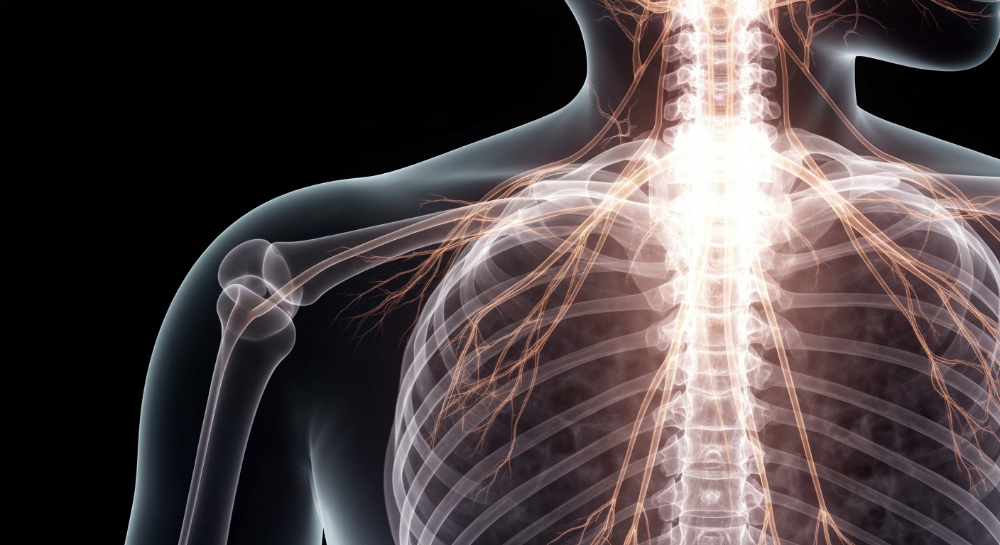 An extreme close-up X-ray image showing the intricate structure of the human nervous system, with glowing, ghostly lines representing the complex neural pathways affected by multiple sclerosis.