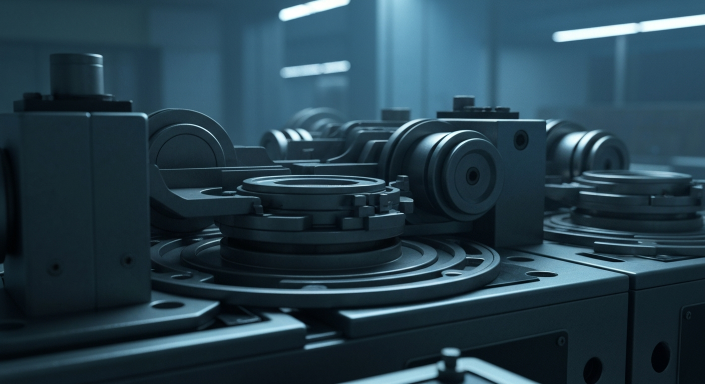 An extreme close-up of intricate, metallic banking machinery and gears, conveying the complex financial infrastructure that institutional investors navigate when managing exposure to digital assets.