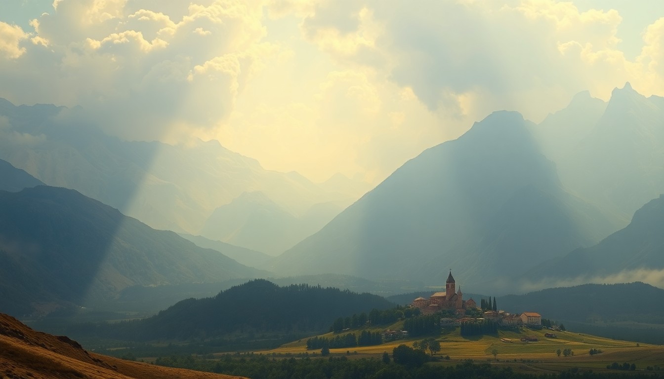 A vast, majestic landscape painting in muted tones of gold, ochre, and hazy blue, with a small town or structure barely visible in the distance, dwarfed by the overwhelming presence of the sky and environment, conveying the mood of a hot, dry summer day.