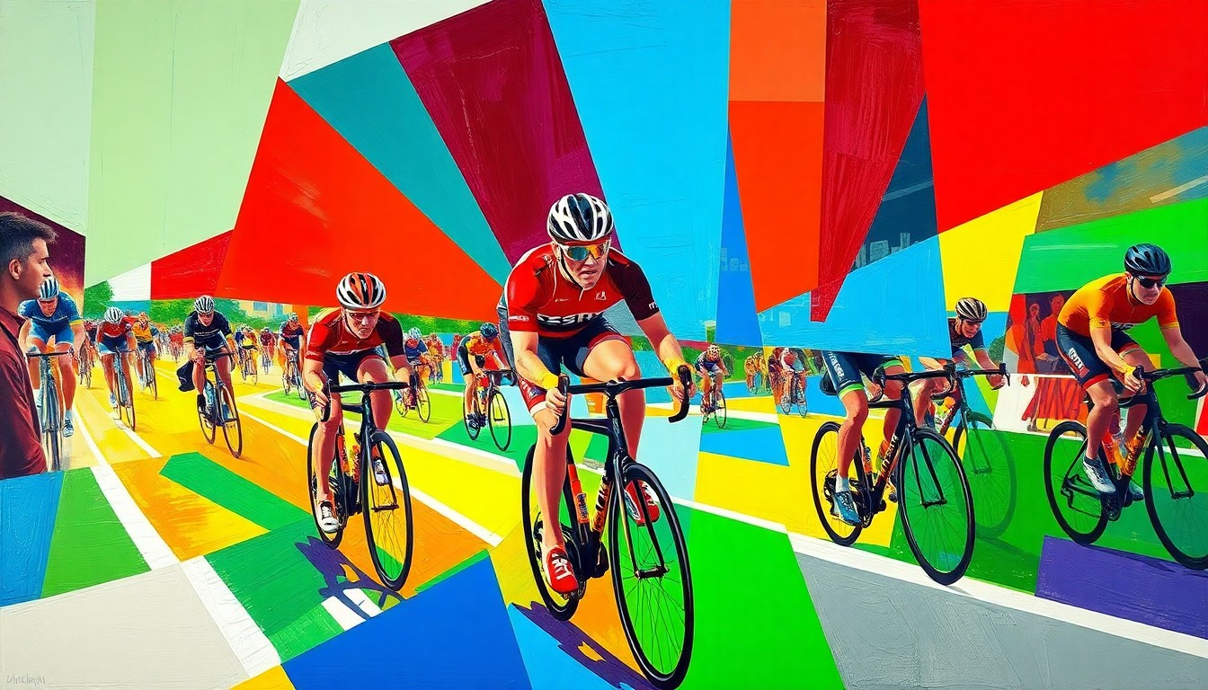 A fragmented, geometric painting in bold colors depicting the overlapping perspectives and movements of a cycling competition, conceptually representing the chaos of a collision between cyclists and a vehicle.
