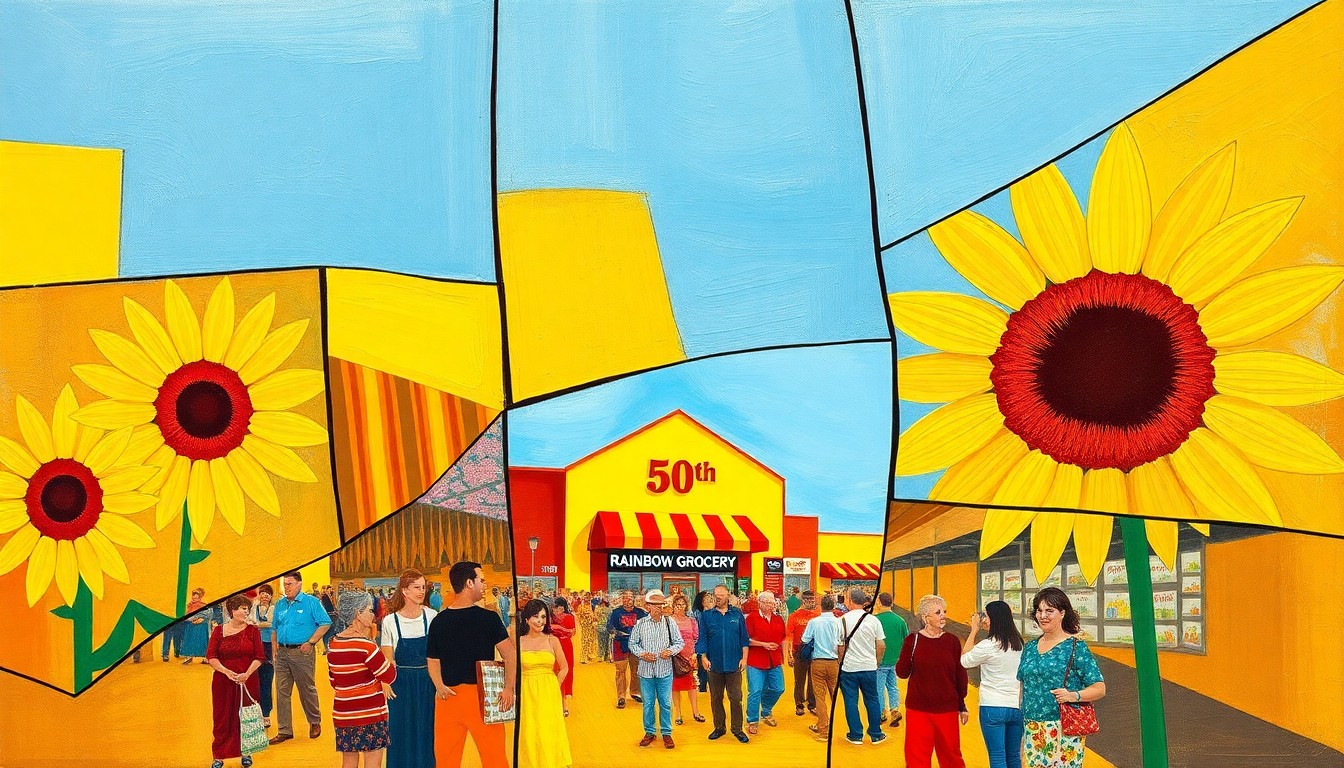 A heavily textured, sweeping oil paint brushstrokes in bright sunflower yellow, cherry red, and sky blue, conceptually representing the joyful energy of a community festival.