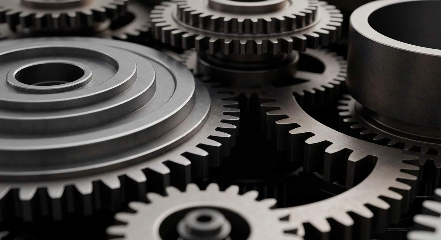 An extreme close-up photograph of complex, interlocking metal gears and machinery in shades of steel gray, bronze, and black, conveying the intricate financial infrastructure supporting IDEXX Laboratories' growth as a leading veterinary diagnostics provider.