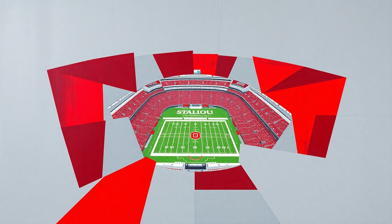 A fragmented, abstract painting depicting the Ohio Stadium in a cubist style, with the structure broken down into sharp, overlapping geometric shapes in the school's signature scarlet and gray colors, conveying a sense of transformation and modernization.