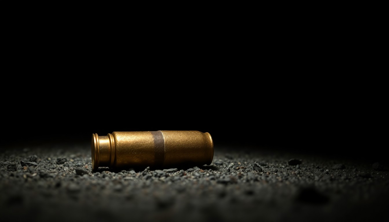 An extreme close-up photograph of a single spent shell casing on the ground, lit by a harsh direct camera flash against a pitch-black background, creating a stark, gritty, investigative aesthetic.