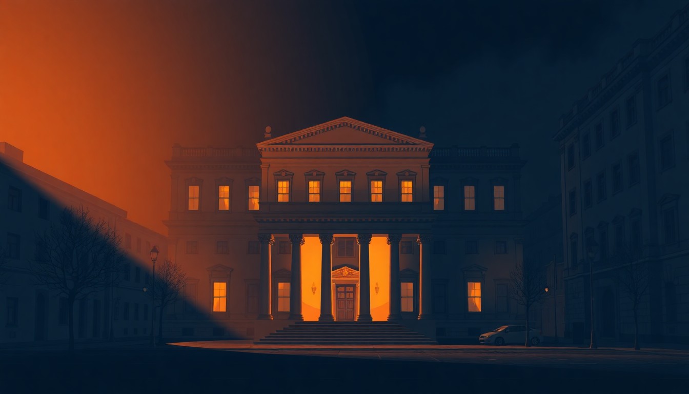 A moody, cinematic painting of a solitary government building bathed in warm, diagonal sunlight and deep shadows, conceptually representing the changing political dynamics between Hungary, Russia, and Ukraine.